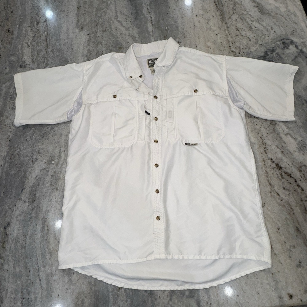 Drake Waterfowl White Fishing Shirt Quick Dry Performance Short Sleeve Men Sz M